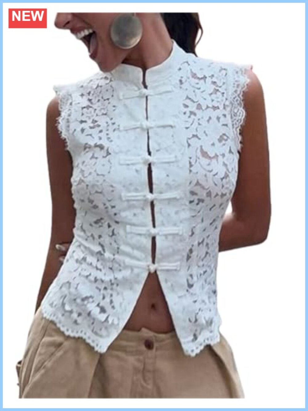 Frog Button Lace Tank Top Sleeveless Mandarin Collar Y2K Coquette Crop
